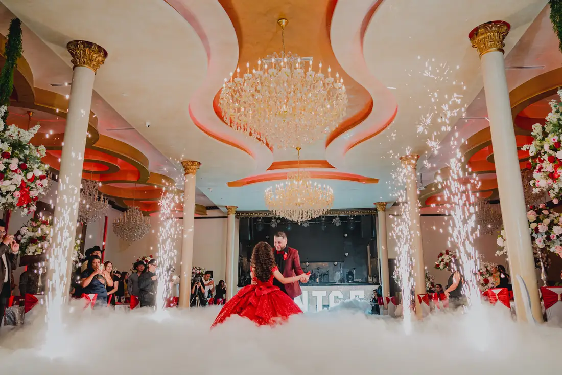 Ballroom lighting and décor at Arelis Celebration Hall in Mission, Texas