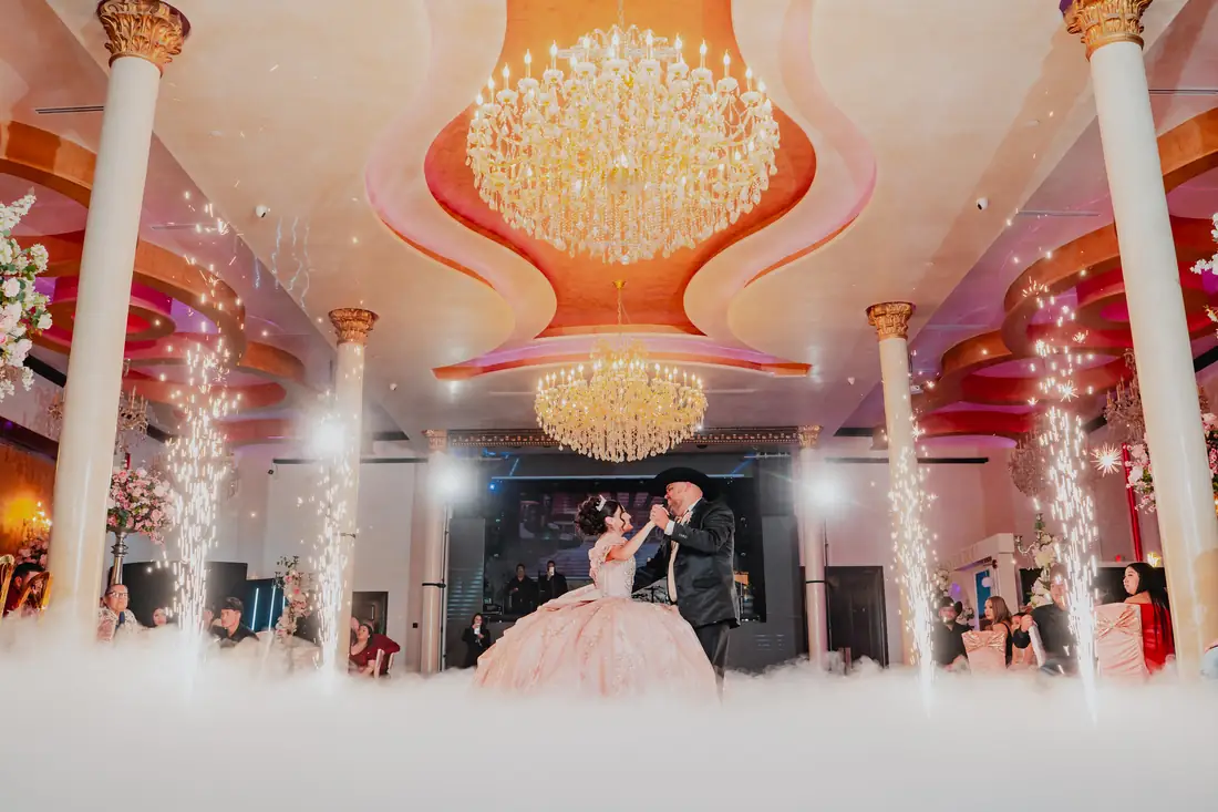 Arelis Celebration Hall exterior with limousine, Mission Texas venue