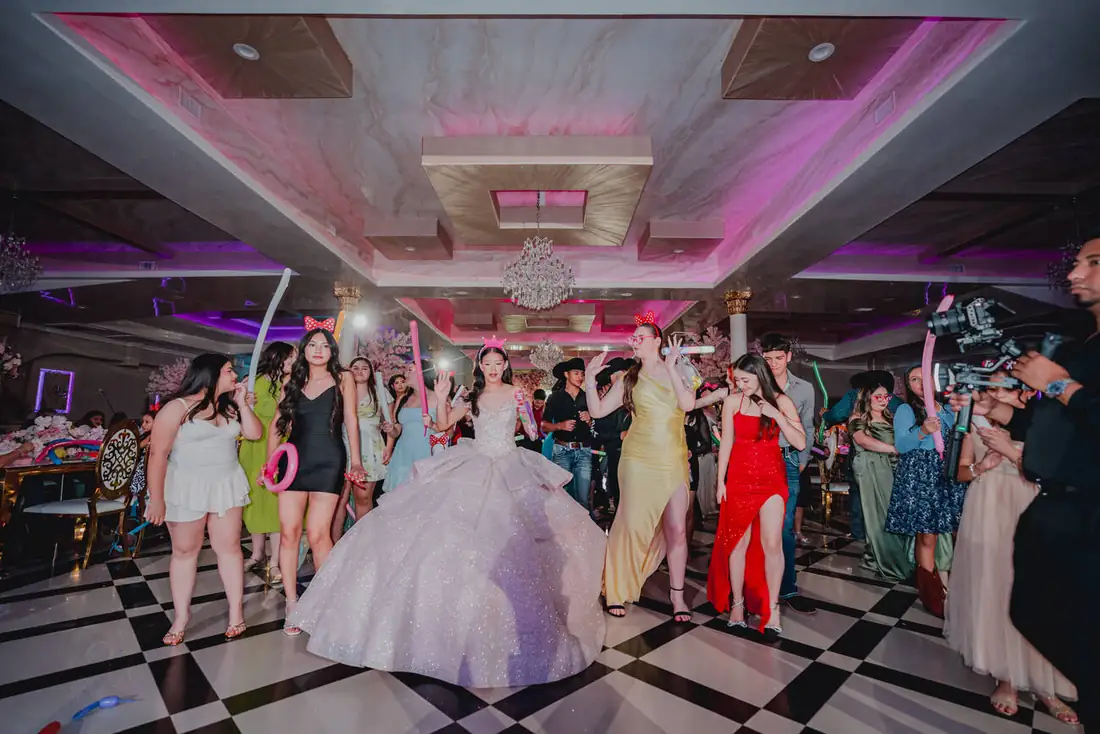 Full dance floor celebration at The Grand Villa quinceañera in Mission Texas