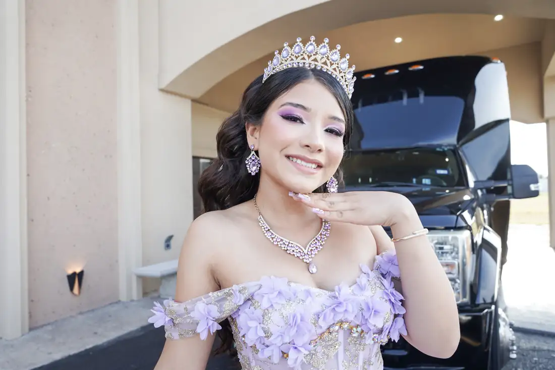 Quinceañera portrait with crown arriving at The Grand Villa, Mission TX