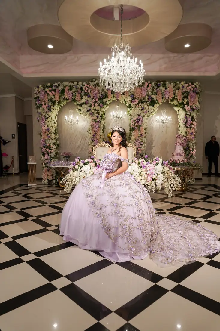 Chandeliers and floral arch at The Grand Villa in Mission, TX