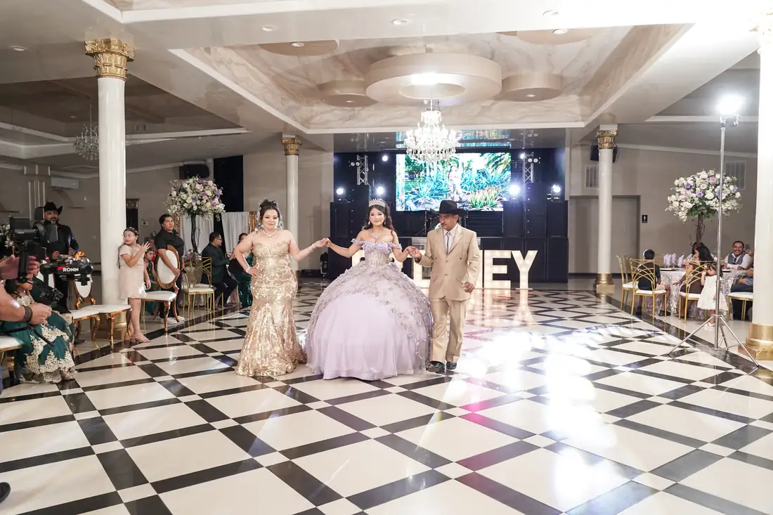 Court presentation on the dance floor at The Grand Villa quinceañera
