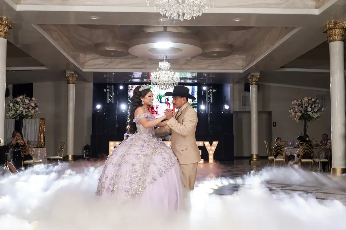 Ballroom set for a quinceañera at The Grand Villa